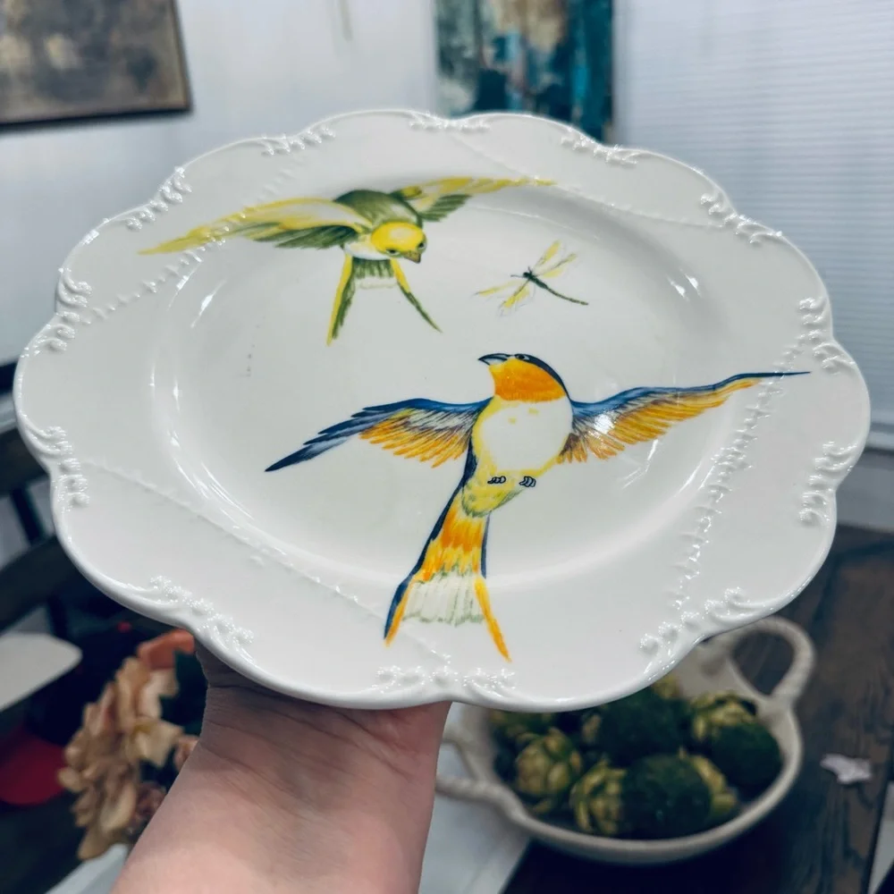 Decorative Scallop Plate with Birds and Dragonfly 10.5”